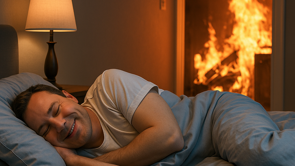 Man sleeping peacefully while fire burns behind him – metaphor for ignoring MAP pricing issues